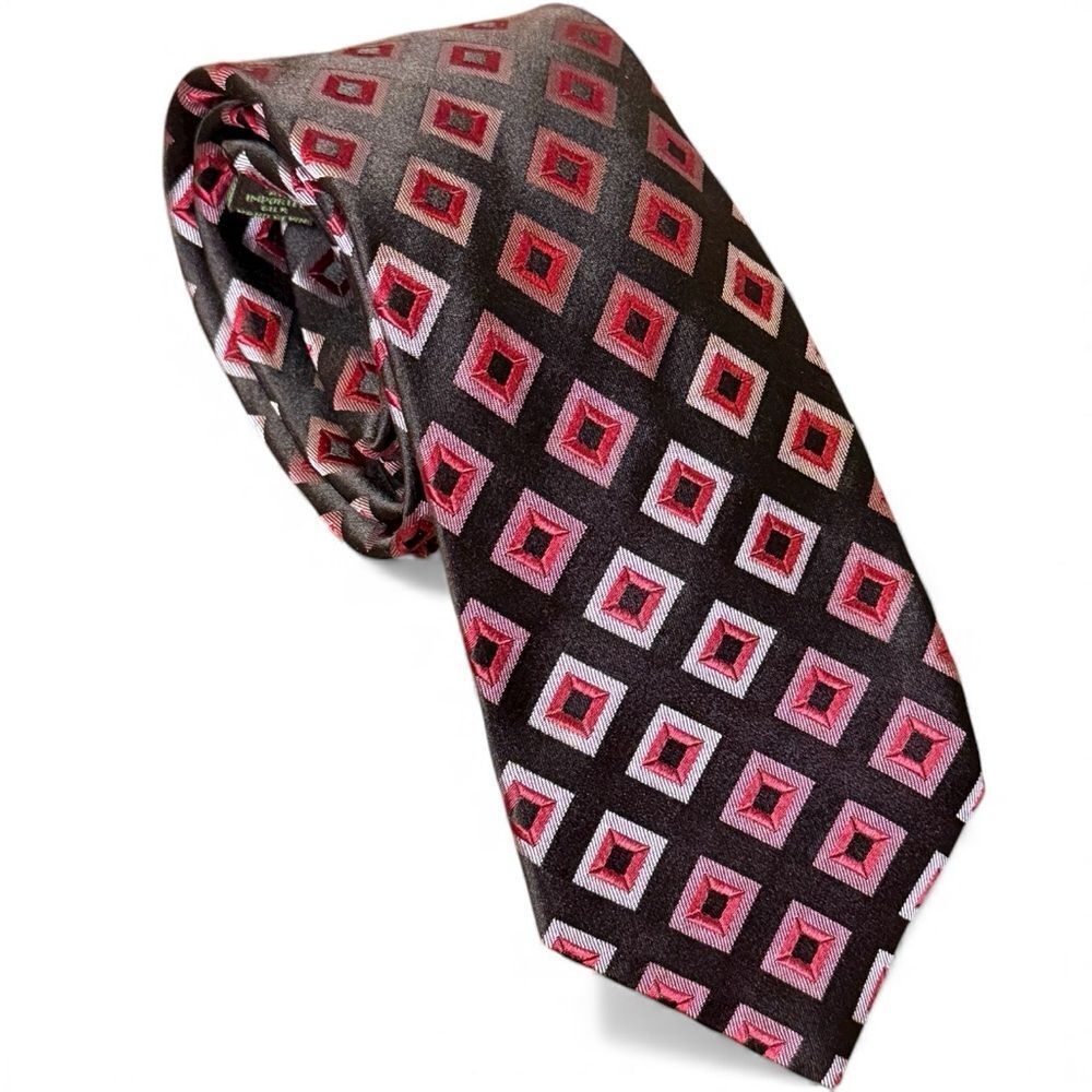 BCBG Attitude Hand Sewn Pure Silk Tie Red Brown Pink Geometric